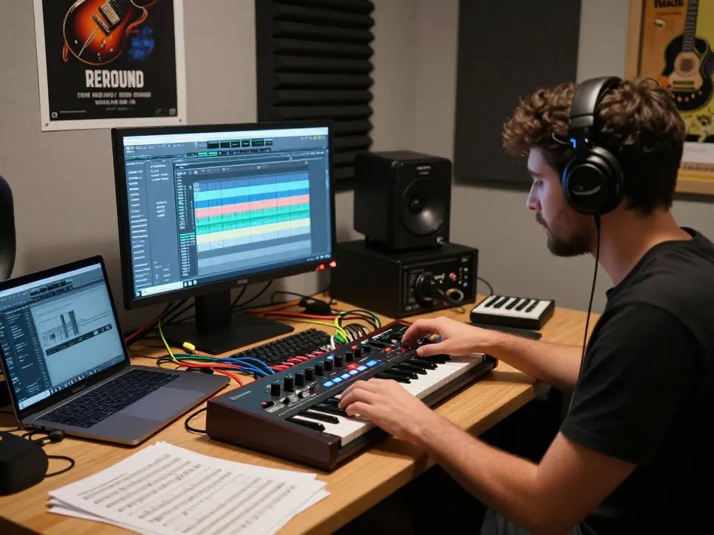 Musician using Roland SC 88 sound module in an innovative music studio.