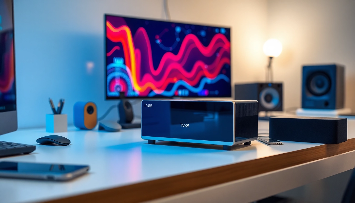 Showcasing the TV88 device in a vibrant, modern workspace with digital graphics.