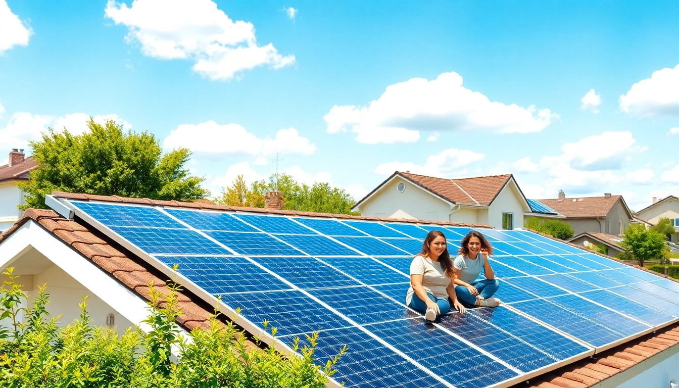 Showcasing home solar solutions, a family enjoys their energy-efficient rooftop in a sunny suburban setting.