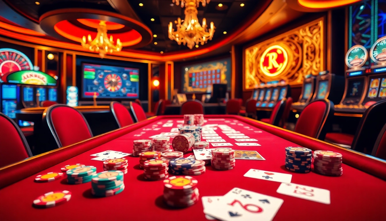 RR88 casino table with poker chips and cards highlighting a thrilling gambling experience.