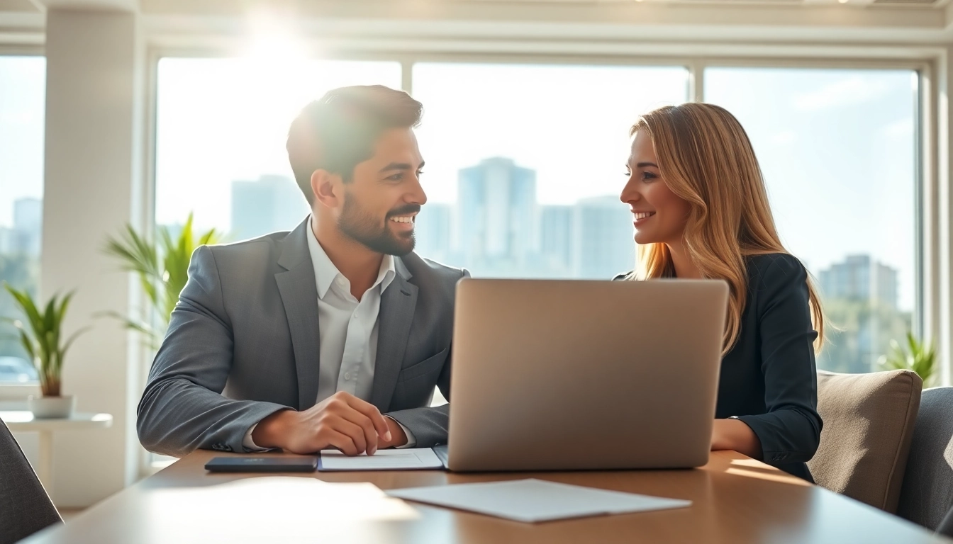 Engaging couple sells timeshare south africa in a bright office setting with urban views.