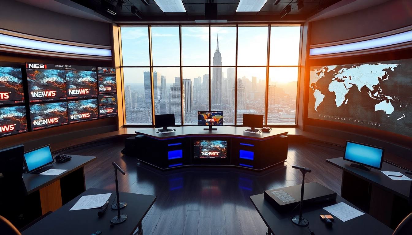 Deliver breaking News updates from a dynamic newsroom setting with multiple screens.