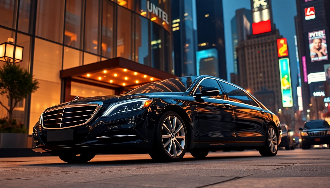 Chauffeur service nyc with a luxury black sedan parked at a hotel entrance against a bustling city backdrop.