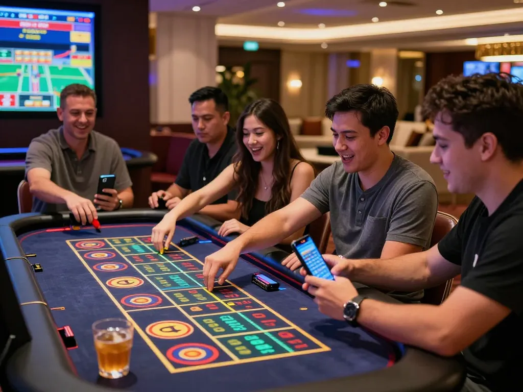 Exciting group engaging in online gambling at xin88 casino with vibrant atmosphere and modern digital games.