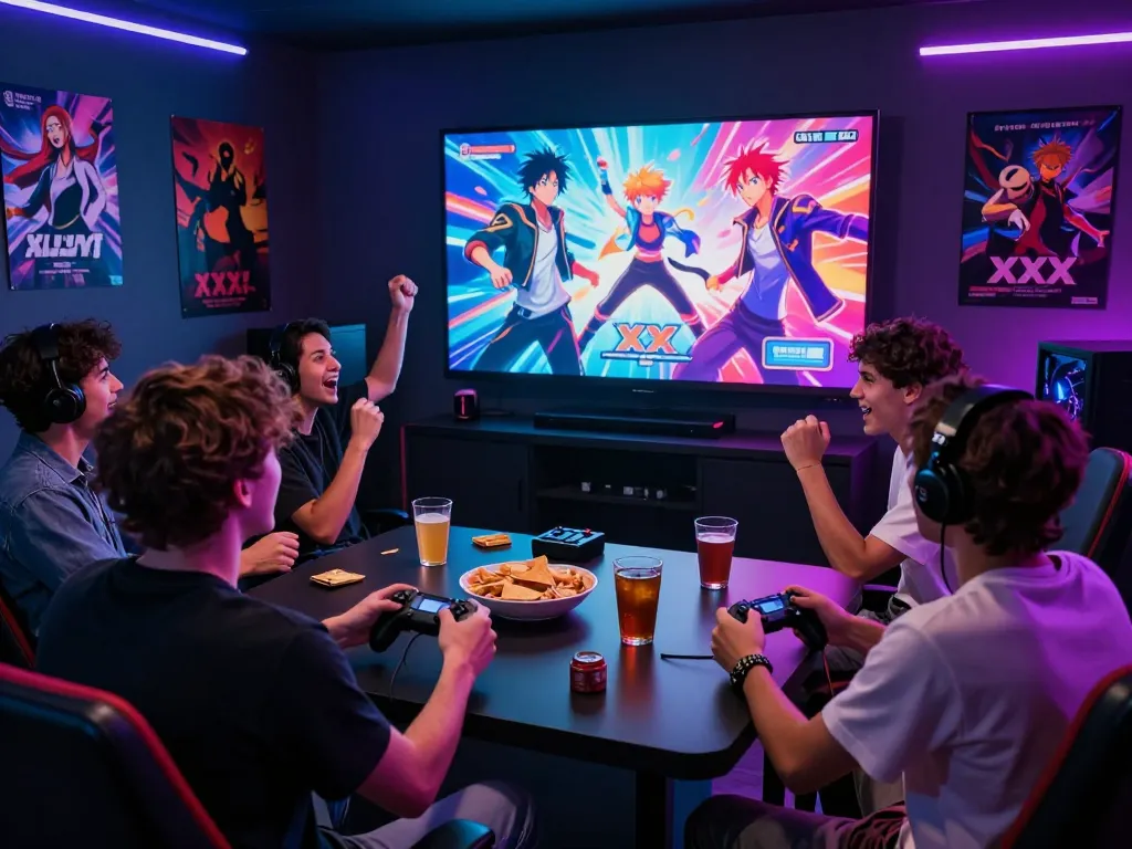Friends enjoying an exciting xxx game together on a large screen, vibrant colors and engaging gameplay create a lively gaming atmosphere.