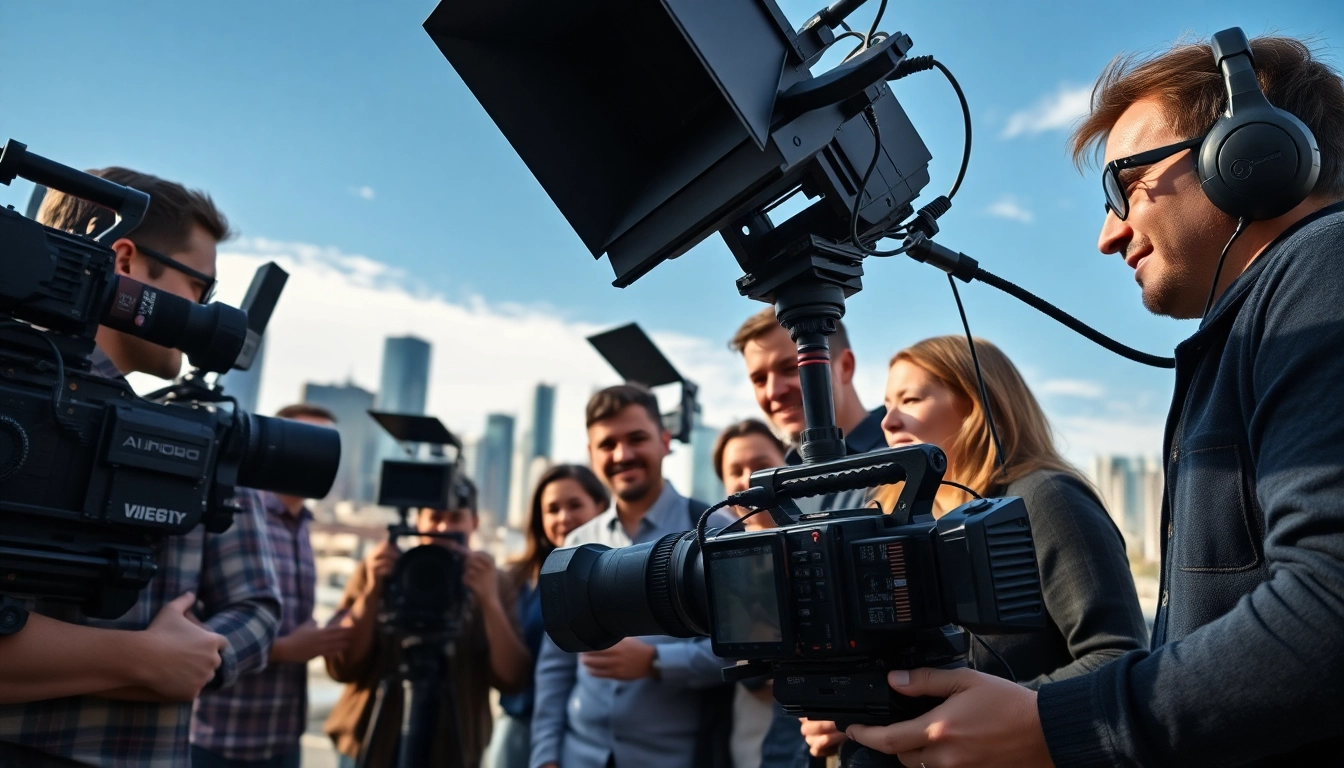 Video production Calgary team collaborating with professional equipment in an urban setting.