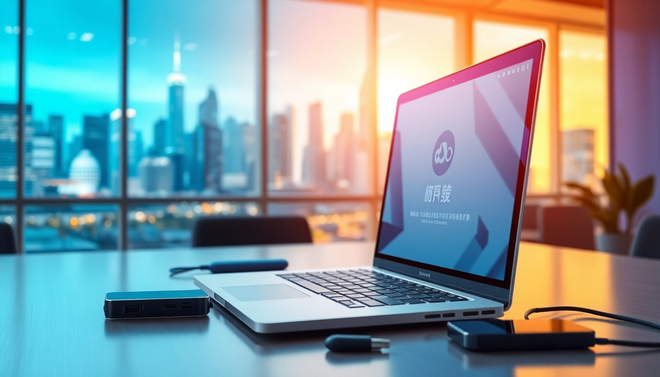 Download 雷电下载 software in a sleek digital workspace setting with urban vibes.