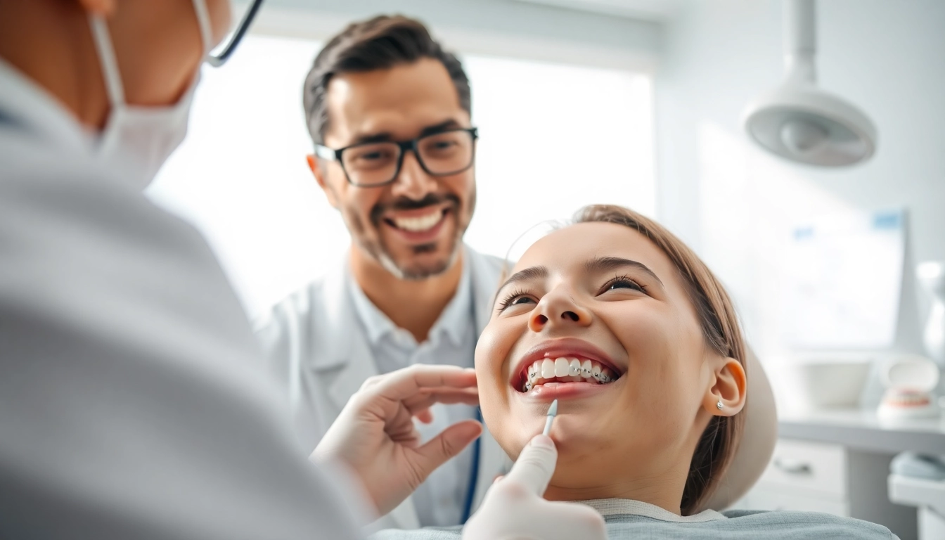 Patient showcasing white braces while discussing treatment options with an orthodontist.