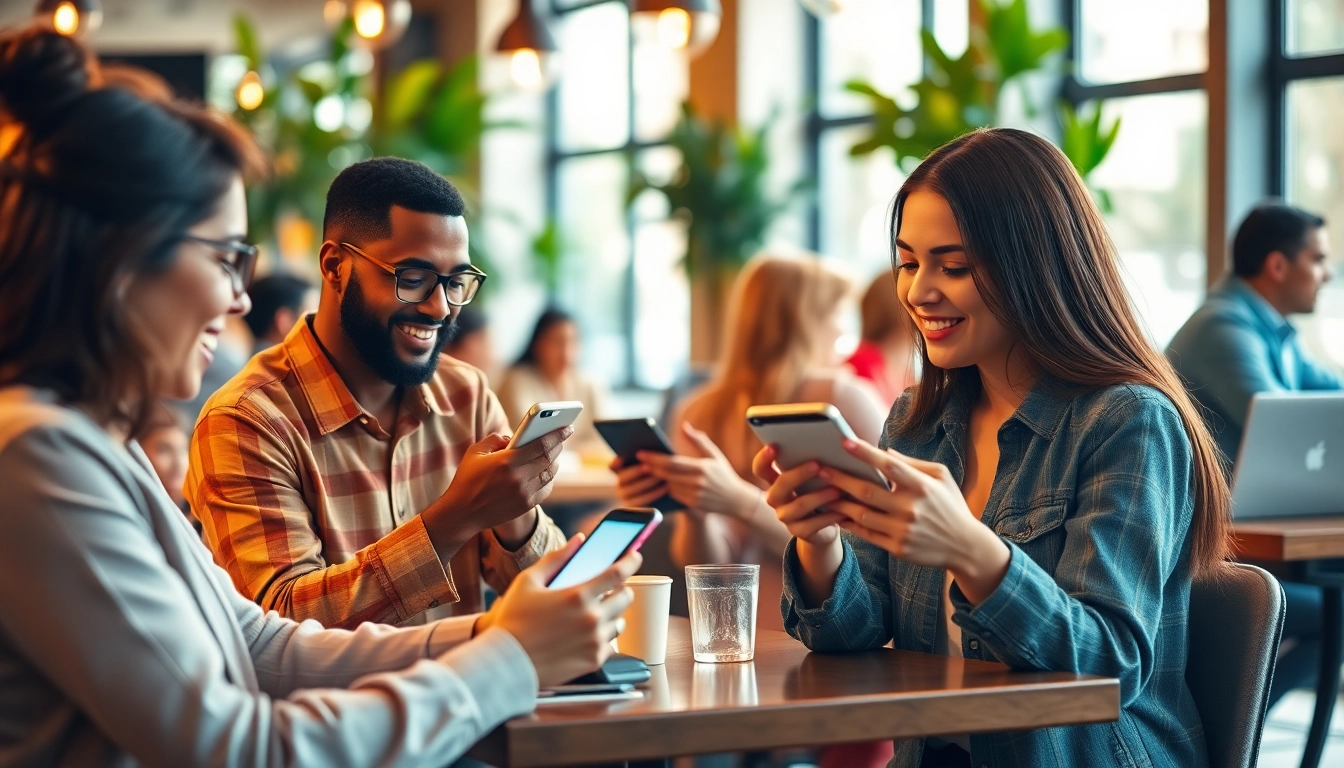 Young professionals engaging with Instapro app in a modern coffee shop