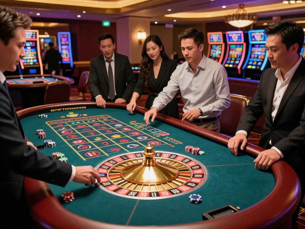 Engaged players enjoying the roulette action at the best widget store, illuminated casino atmosphere enhancing excitement.