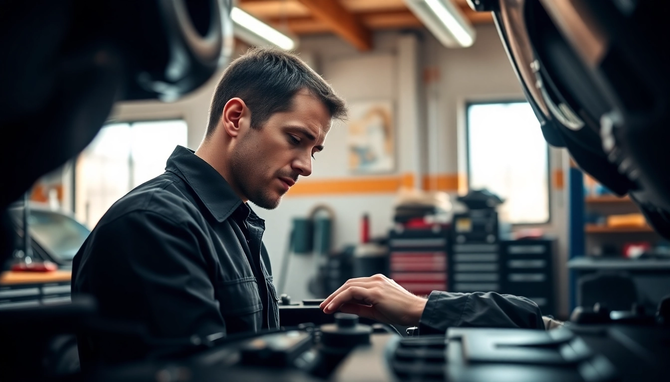Technician performing Land Rover Service in a well-lit workshop with tools.