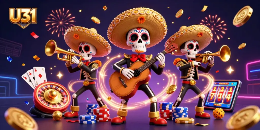 U31 gaming scene filled with festive skeletons, coins, and jackpot elements highlighting an exciting casino atmosphere.
