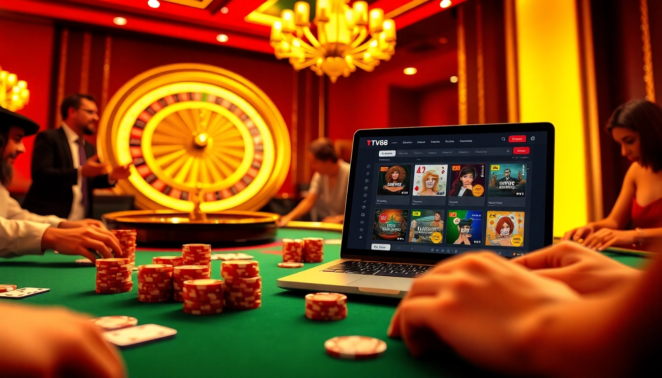 Experience the thrill of winning at TV88’s vibrant casino with players enjoying table games and slots.