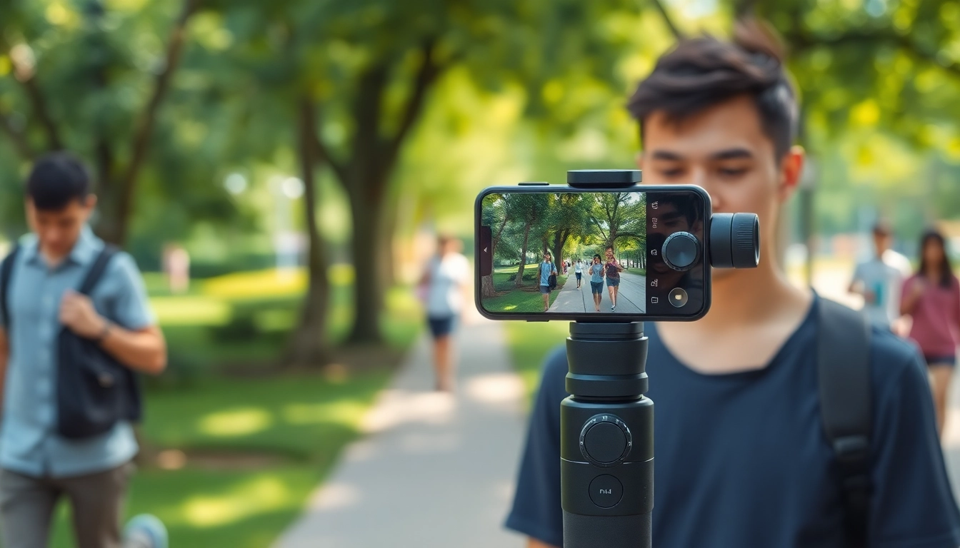 Smartphone-Gimbal stabilizer in action outdoors, showcasing its features for videographers.