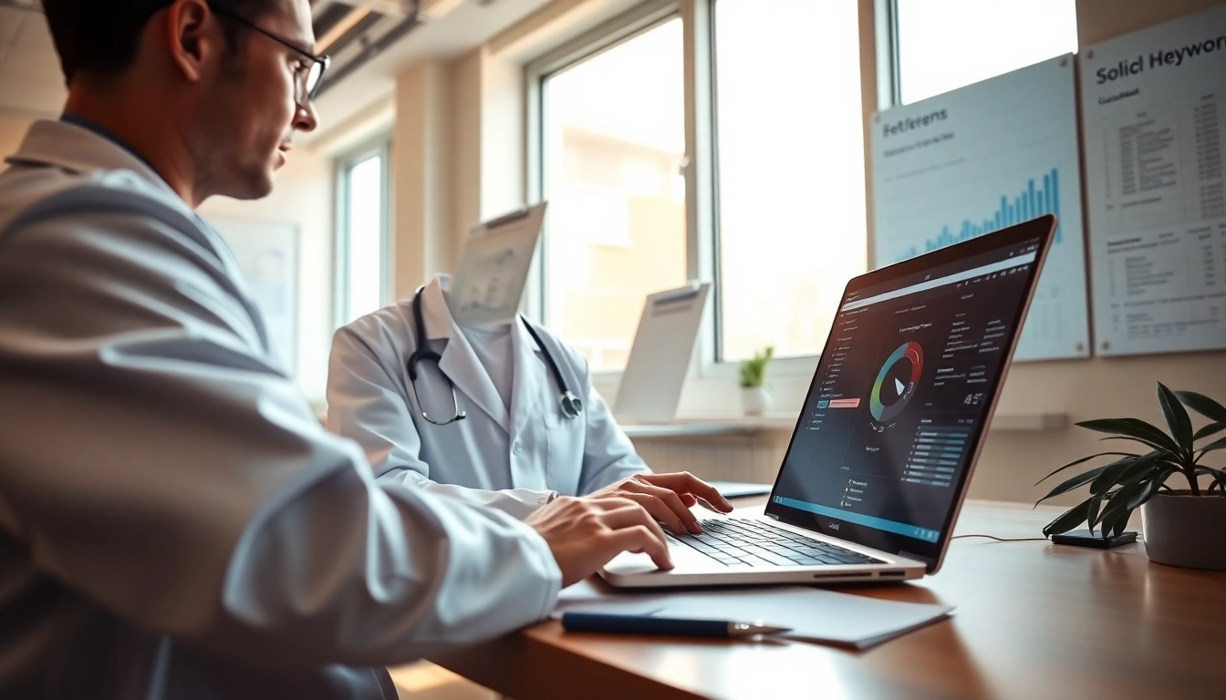SEO für Ärzte: Doctor analyzing digital marketing strategies in a modern clinic setting.