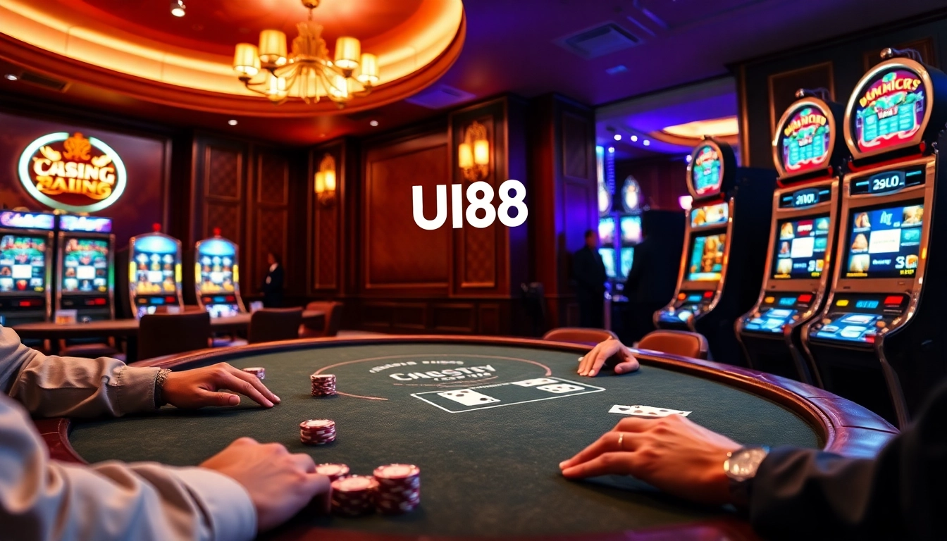 Experience high-stakes gaming action at UU88 casino with lively poker gameplay and vibrant slot machines.