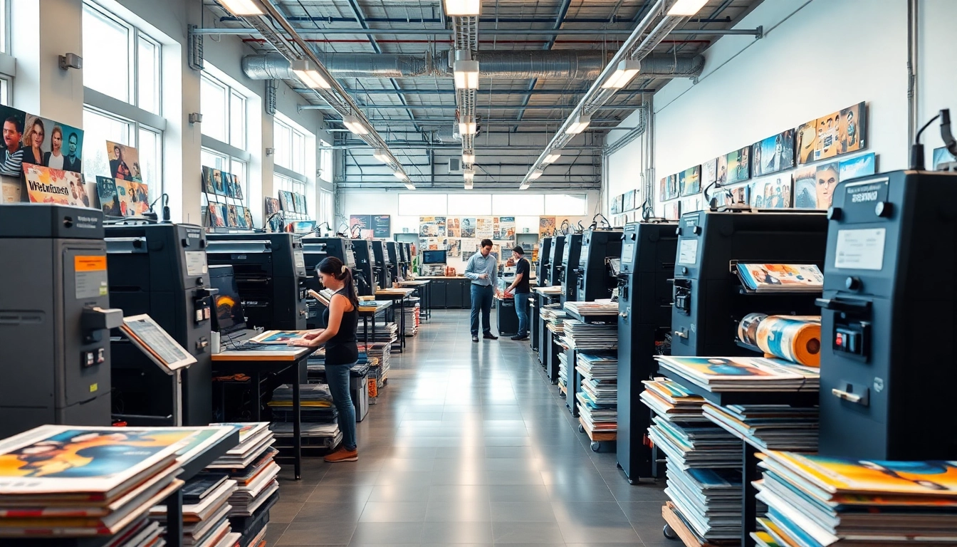 Showcasing a vibrant print shop Edmonton with skilled workers and colorful prints, highlighting productivity.
