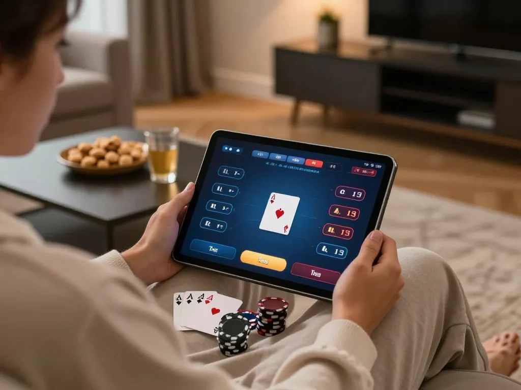 Engaging online poker game on https://lc88app.com/ tablet in a cozy living room with snacks and drinks.