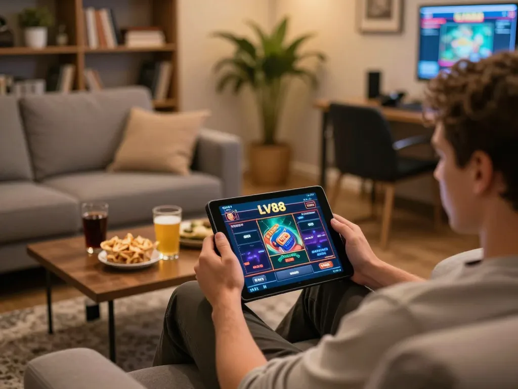 Engaging with the LV88 online casino gaming platform on a tablet in a cozy home setting.