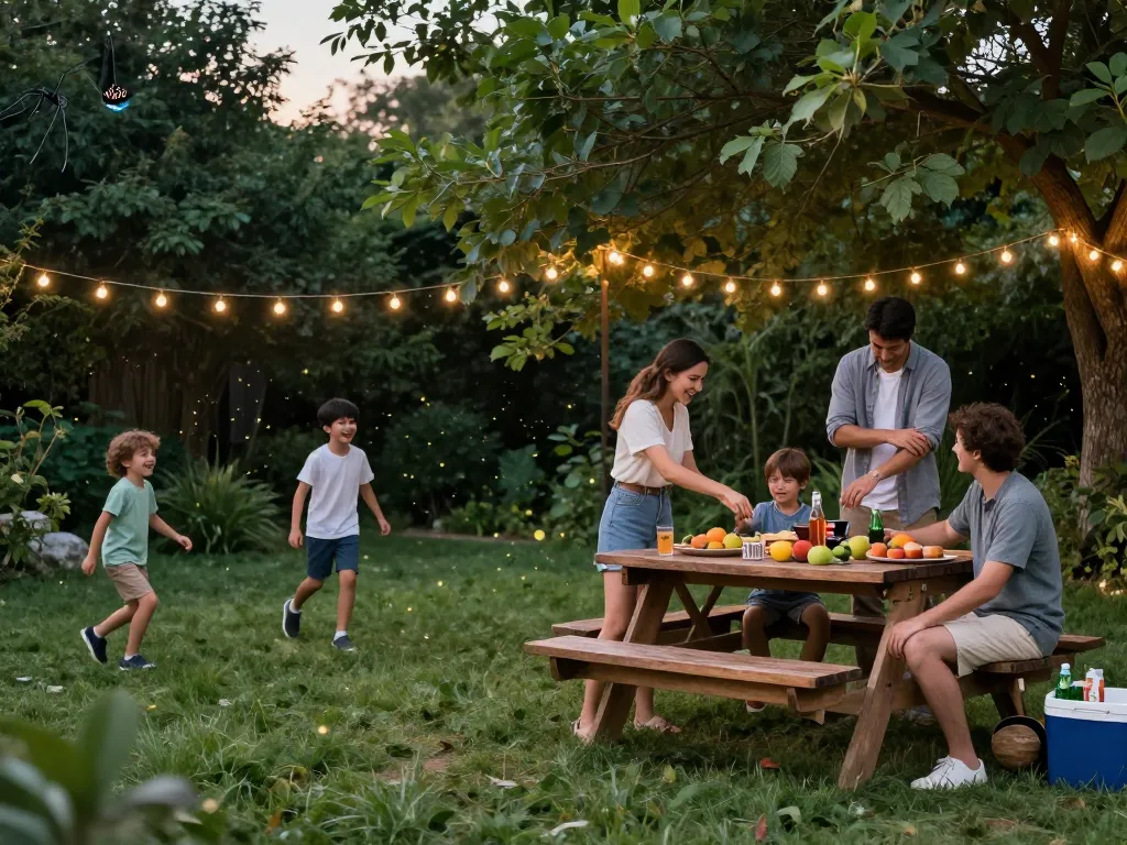 Family using Best Mosquito Repellent while enjoying a backyard barbecue, vibrant evening atmosphere.