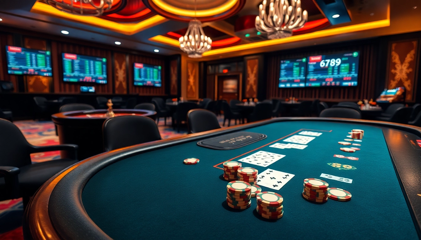 Exciting casino scene featuring Nhà cái 6789 poker table with vibrant chips and cards.