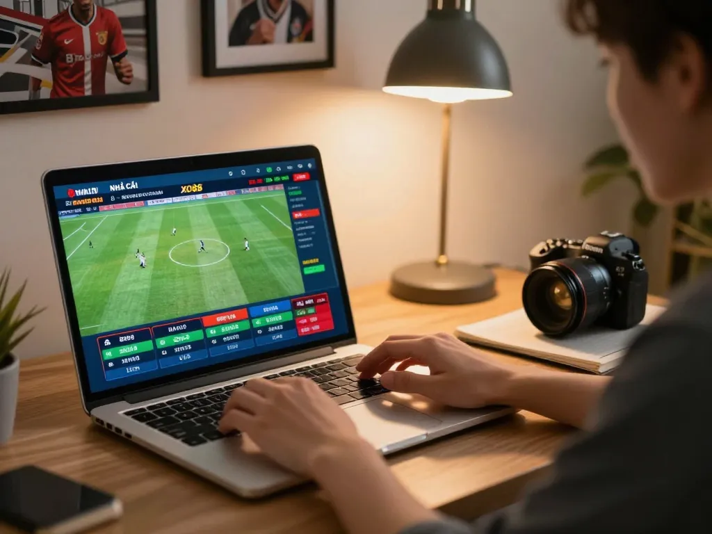 Engaging in sports betting with NHÀ CÁI XO88 on a laptop at home, confirming a live football bet.