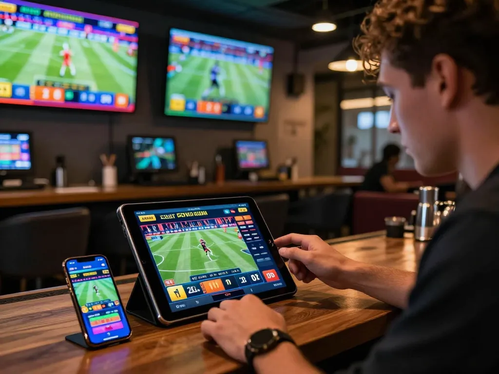 Engaging scene at https://bong99vn.win/ showcasing dynamic sports betting experience with athlete interacting with interactive platform.