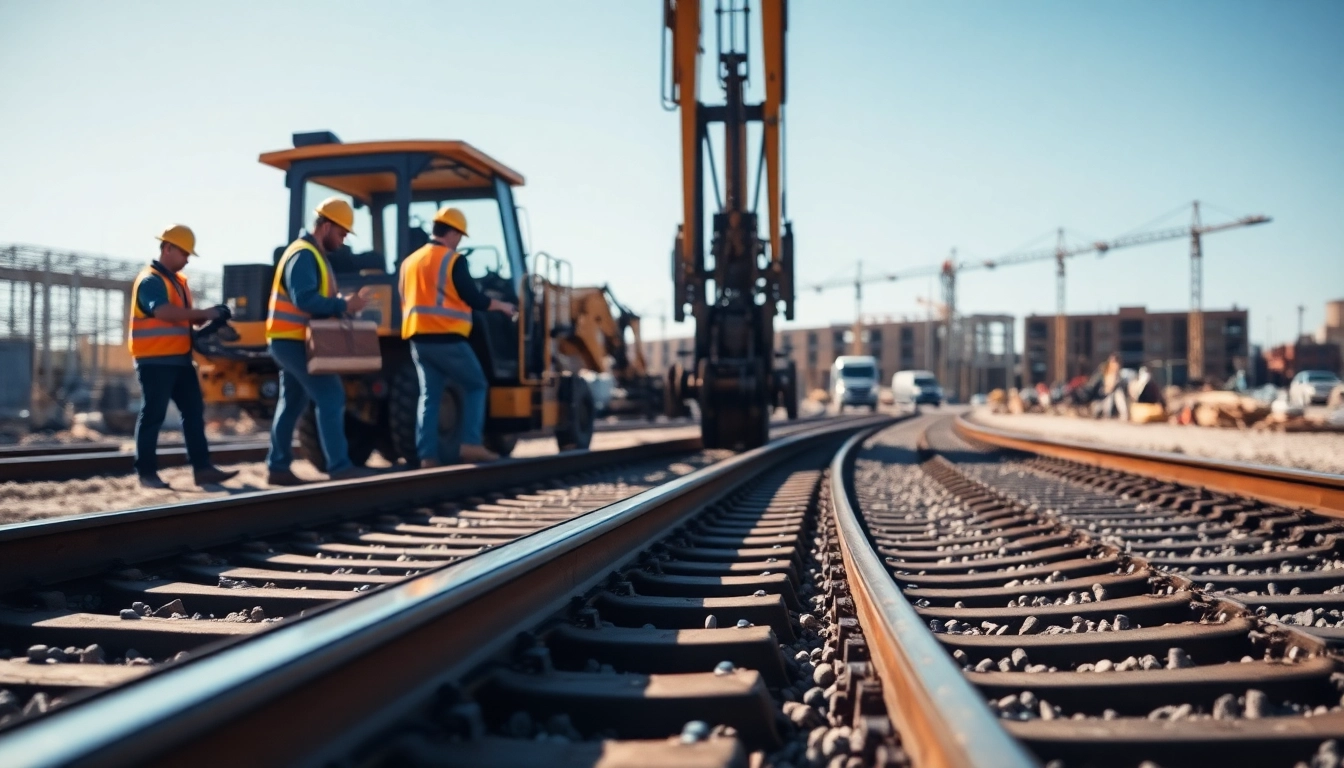 Workers actively engaged in railroad track construction, showcasing teamwork and heavy machinery.
