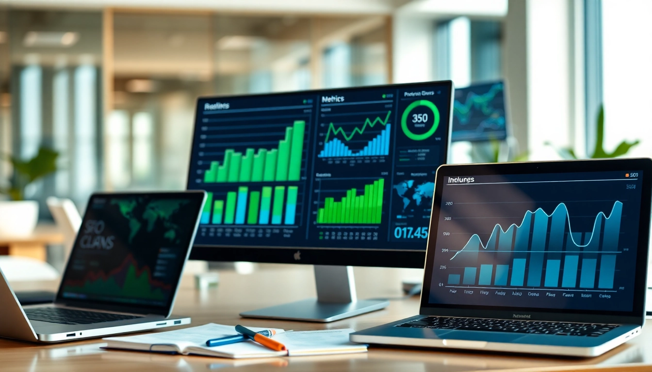 Visualizing SEO performance metrics through graphs in a vibrant office setting.