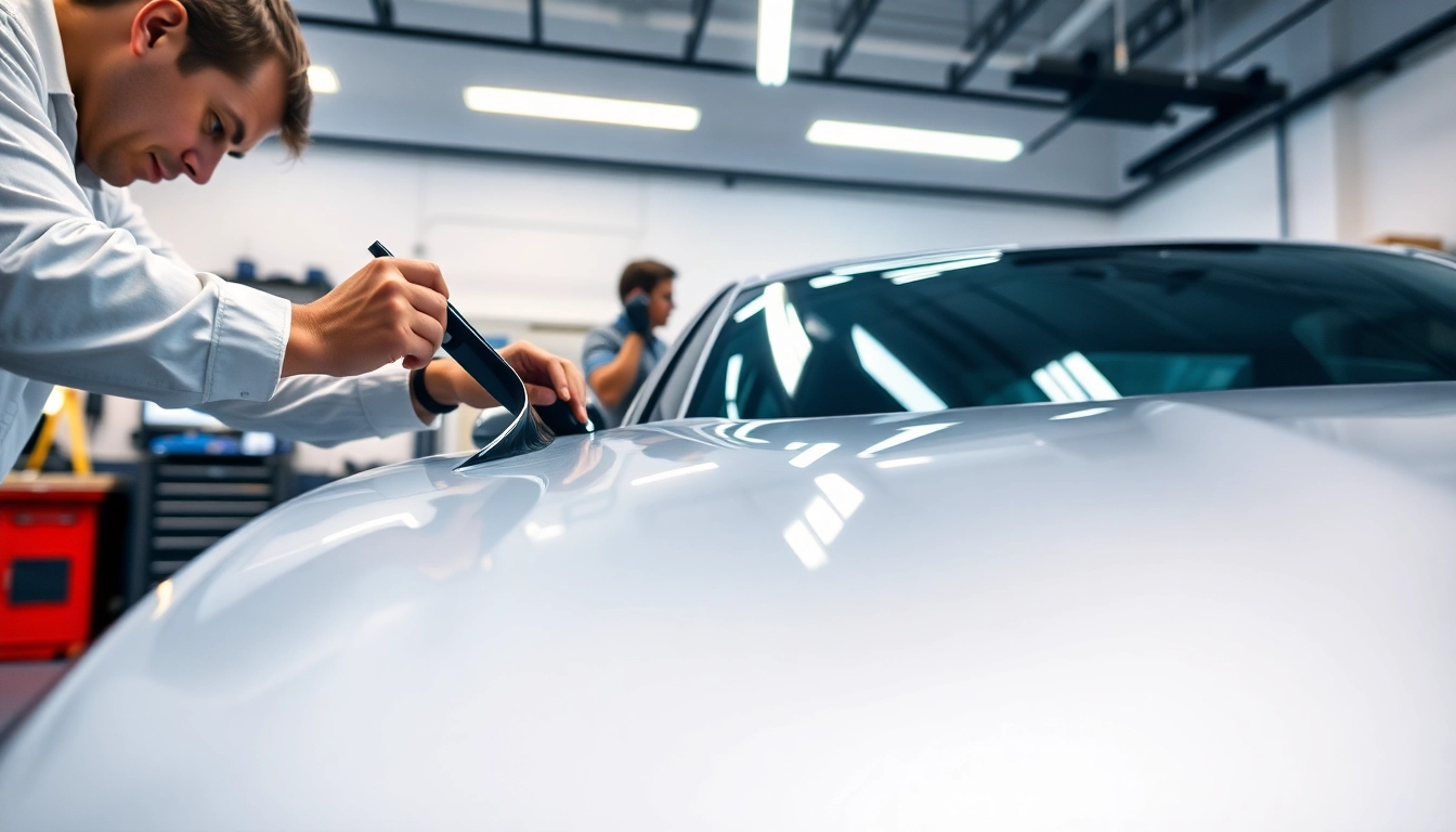 Paint protection film installer in Fort Worth applying protective film on a luxury vehicle.