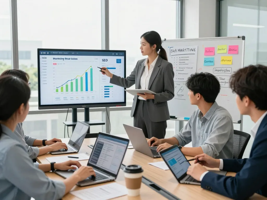 合同会社SUMXのマーケティングチームが現代のオフィスでデジタル戦略について協力しています。
