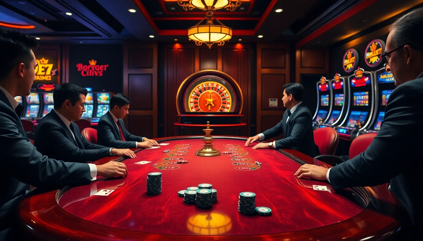 i9bet players enjoying an exciting game at an upscale casino poker table with vibrant chips and cards.