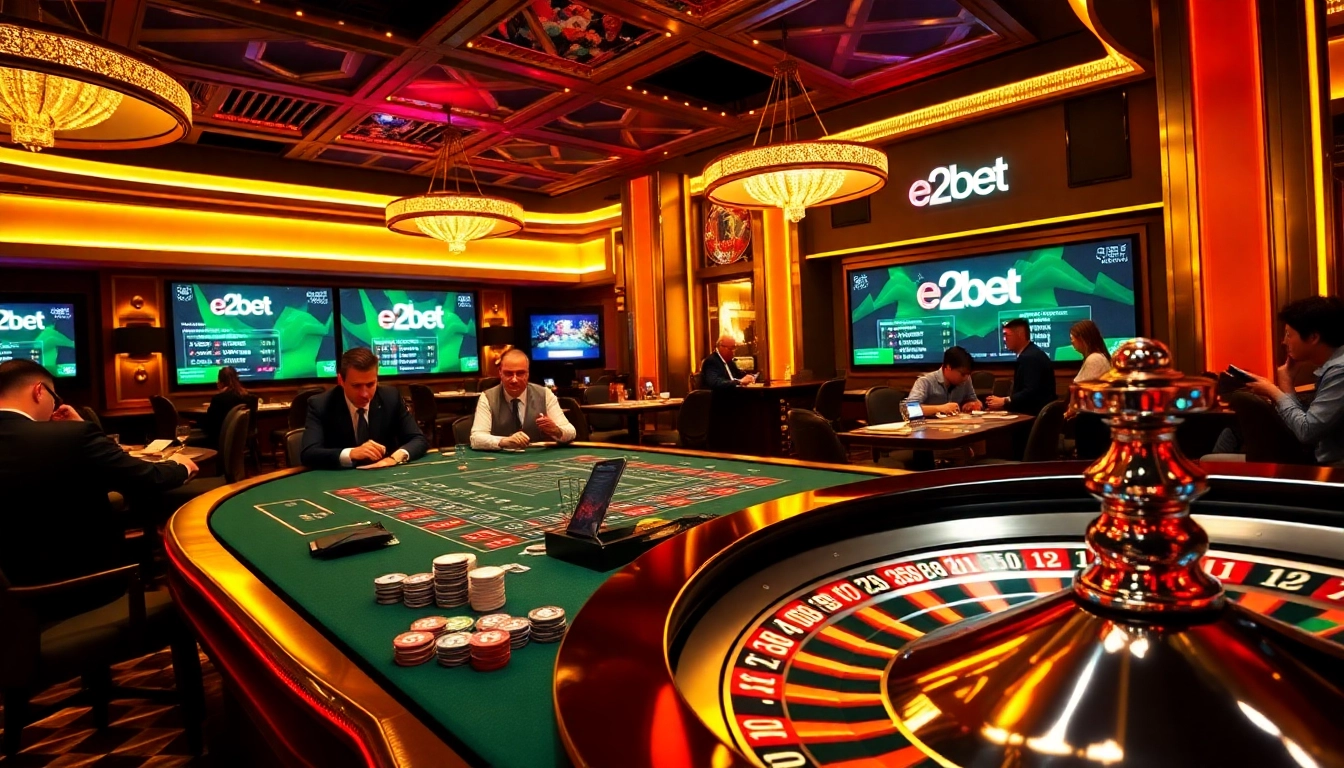 E2bet casino table with poker players and roulette wheel in an upscale setting, showcasing excitement and luxury.