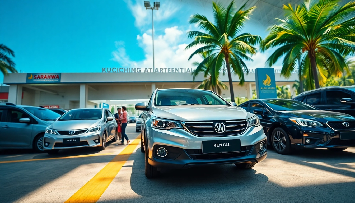 Car rental at Kuching featuring diverse vehicles and a vibrant airport scene.