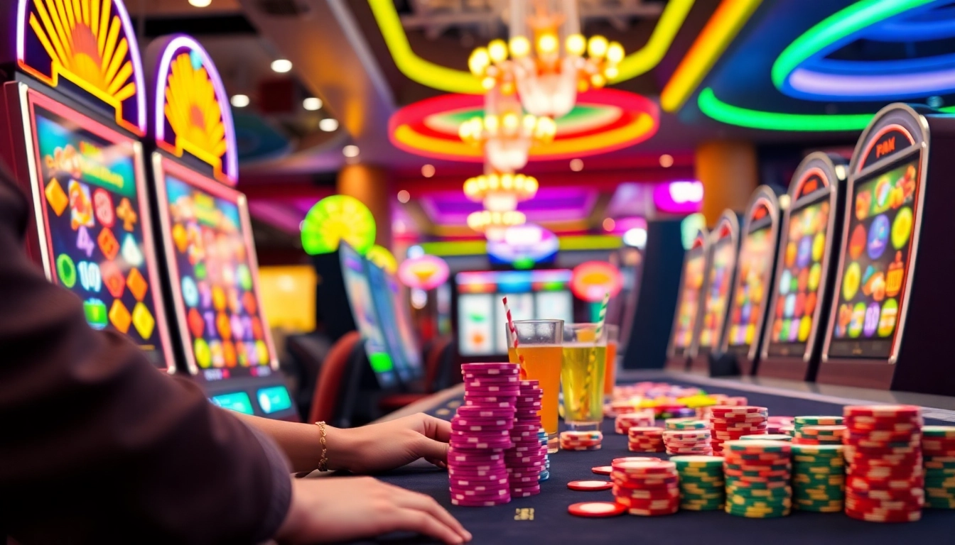 Engaged player enjoying Online slots Uk at a colorful casino setup filled with excitement.