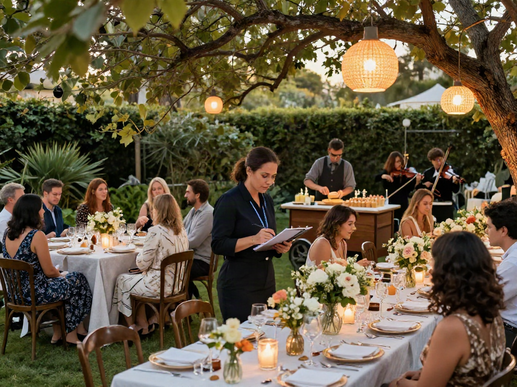 Event rentals creating a vibrant outdoor garden party atmosphere with elegant tables and warm lighting.