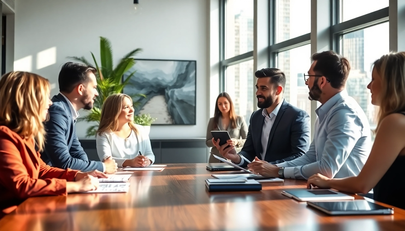 Business for sale meeting showcasing diverse professionals in a modern office setting.