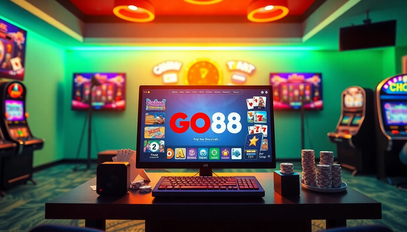 Tải GO88 on a vibrant gaming setup with modern devices, poker cards, and dice.
