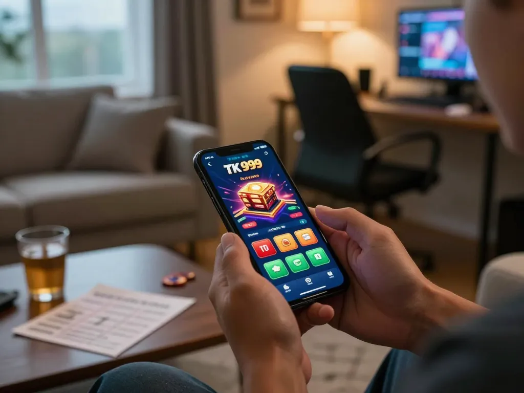 Engaging with the TK 999 online casino app on a smartphone at home.
