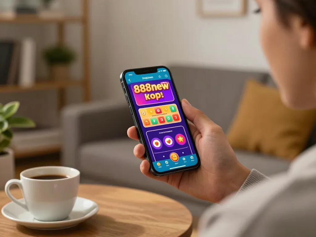 Engaging moment using the 888new app for mobile casino gaming in a cozy home setting.
