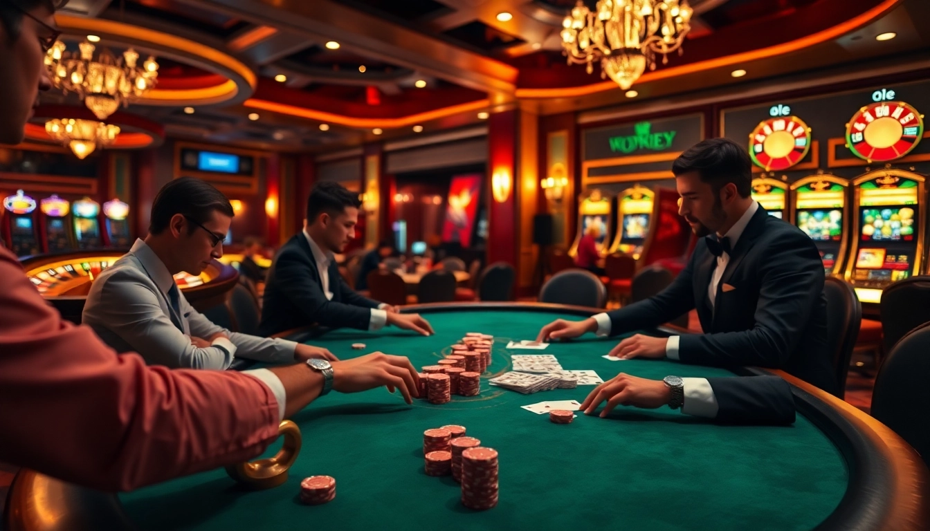 Experience high-stakes excitement at 8qbet with elegant poker players at a luxurious casino table.