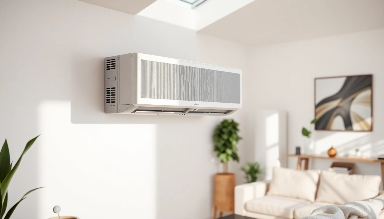 Efficient Mitsubishi mini split AC unit elegantly mounted in a contemporary living space.