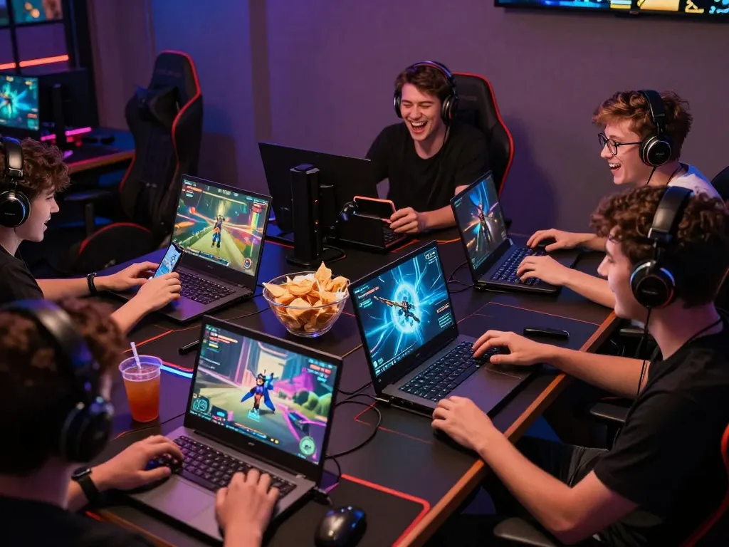 Exciting online gaming atmosphere with players engaged in vegasslot77, vibrant gaming setup showcasing devices and colorful graphics.