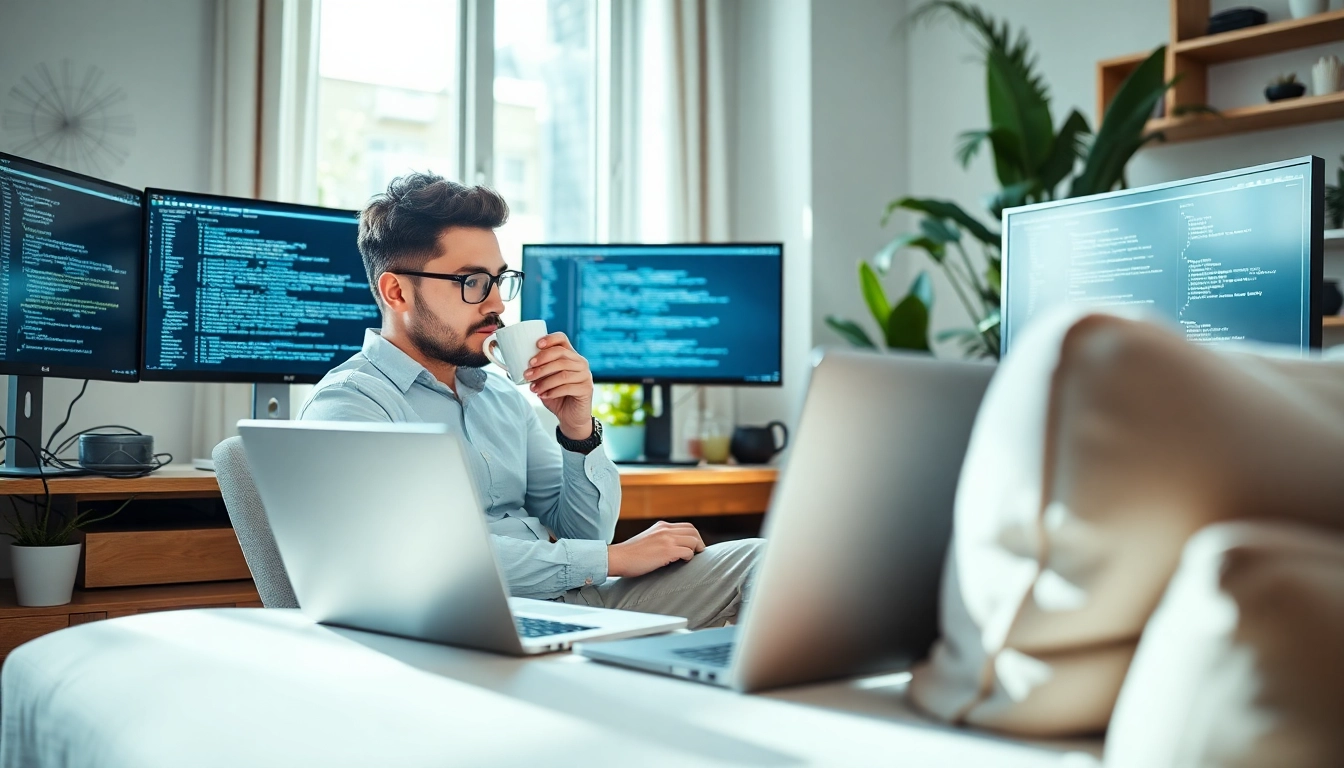Discover remote python jobs through a focused developer in a bright home office environment.