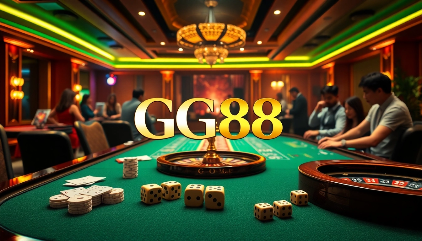 Experience the thrill of gambling at GG88 with an elegant casino scene featuring high-stakes poker tables and excitement.
