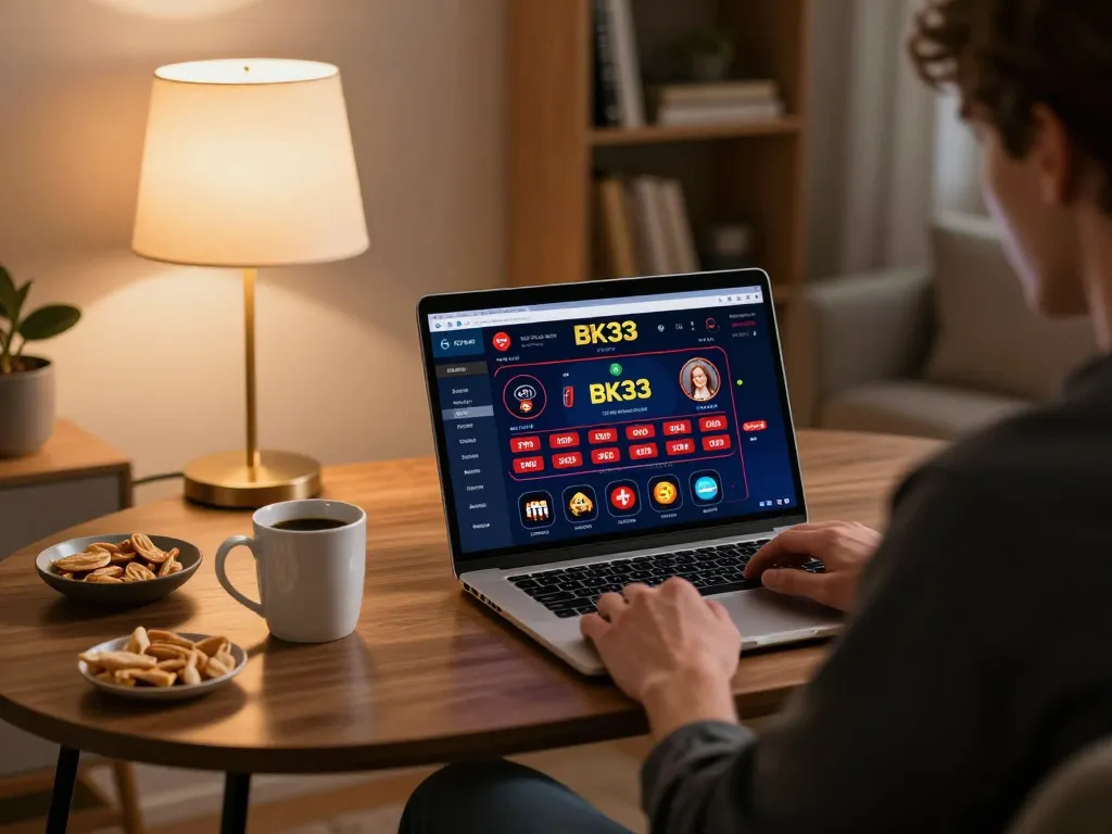Engaged player using BK33 on a laptop in a cozy home setting, showcasing online gaming experience.