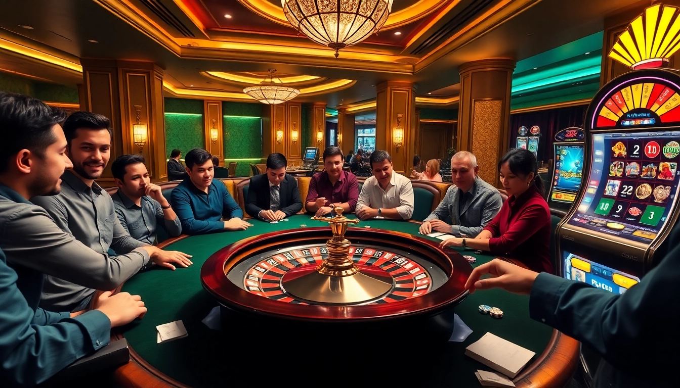 Engaging casino scene at mm88 com with poker players, roulette wheel, and colorful slot machine.