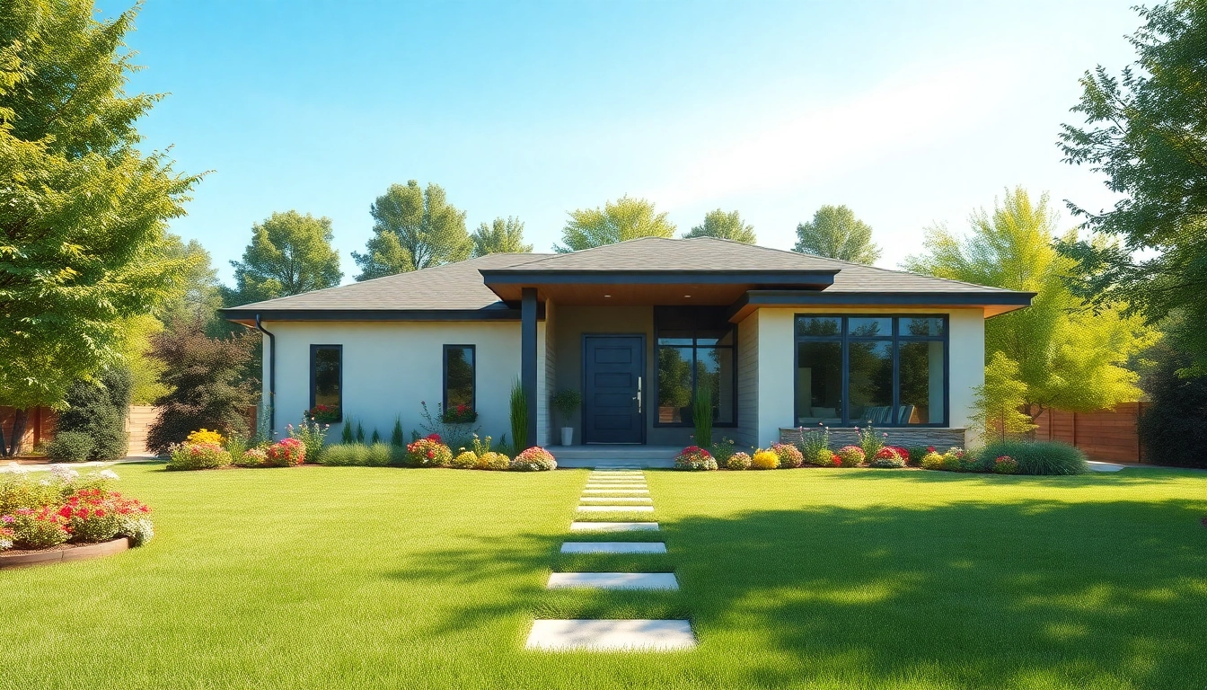 Showcasing a modern Real Estate home in a vibrant suburban neighborhood with a manicured lawn.