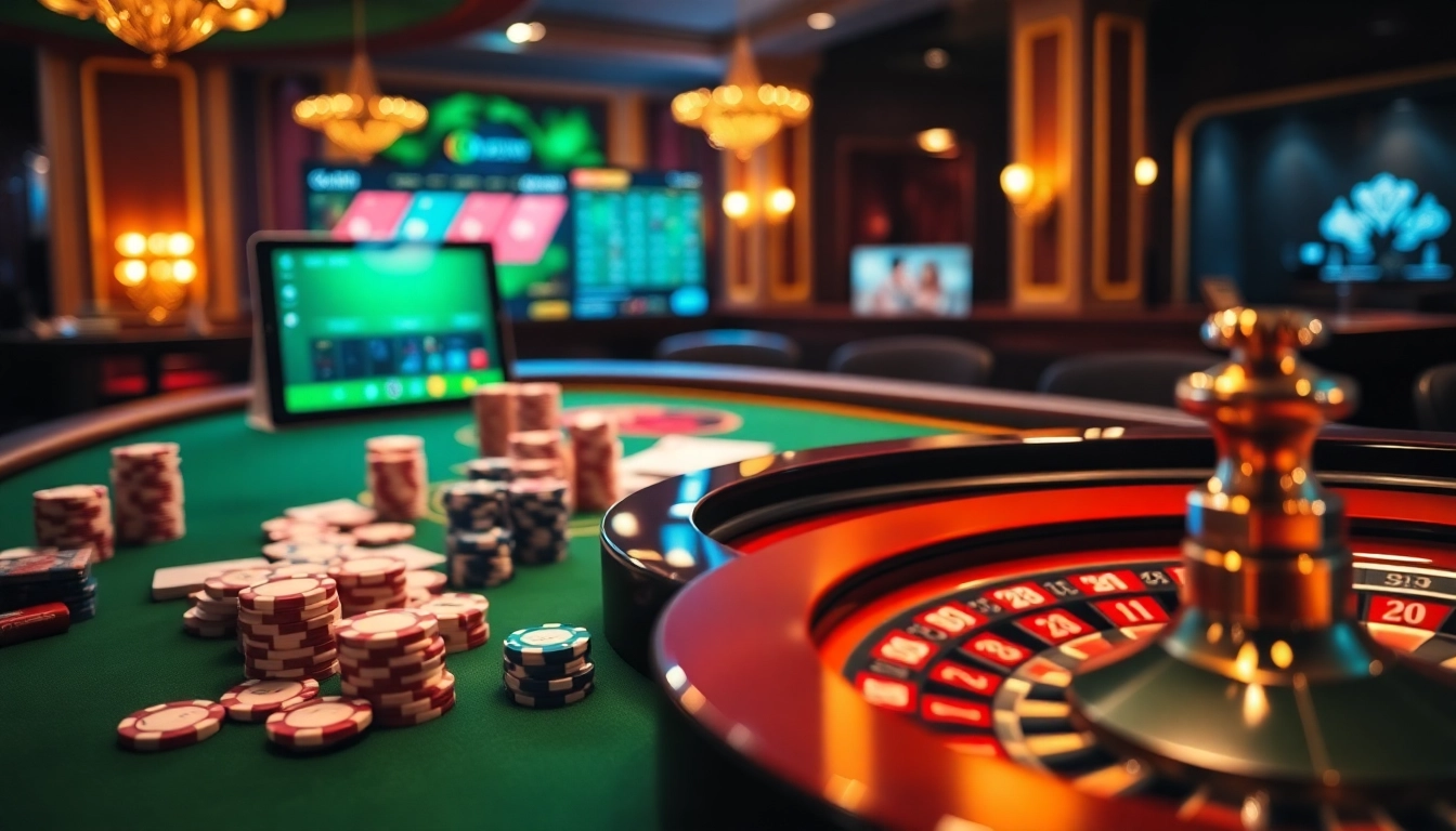 Engaging scene of an ok win casino table with poker chips and a roulette wheel, showcasing luxury gaming.