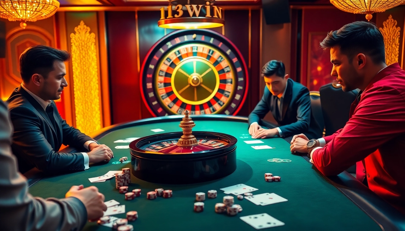 13win casino scene with professional poker players at a high-stakes table surrounded by luxury.
